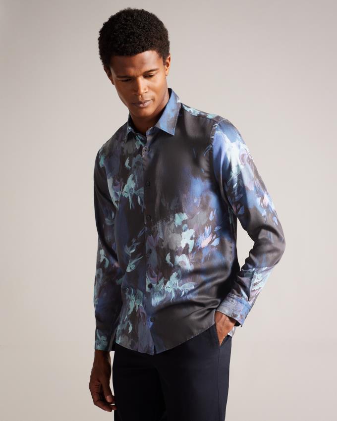 Chemises Ted Baker Long Sleeve Painted Floral Bleu Marine Homme | BYW-92427588